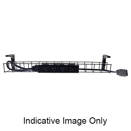 Rapidline single tier cable basket kit in black, 4 GPO power module and tag lead fitted in the wire tray between two mounting brackets