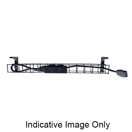 Rapidline single tier cable basket kit in black, 2 GPO power module and tag lead fitted in the wire tray between two mounting brackets