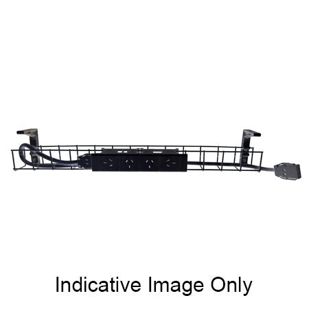 Rapidline single tier cable basket kit in black, 4 GPO power module and tag lead fitted in the wire tray between two mounting brackets