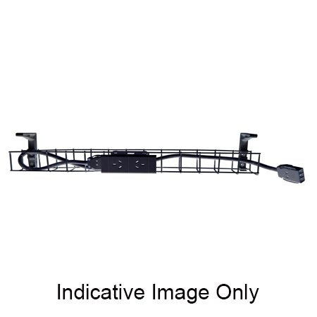 Rapidline single tier cable basket kit in black, 2 GPO power module and tag lead fitted in the wire tray between two mounting brackets
