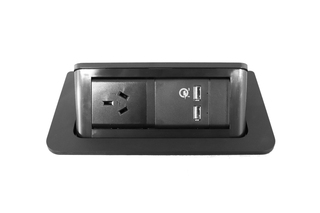 Rapidline pop-up in desk power module in black, front view of the raised module showing the GPO and two USB-A ports