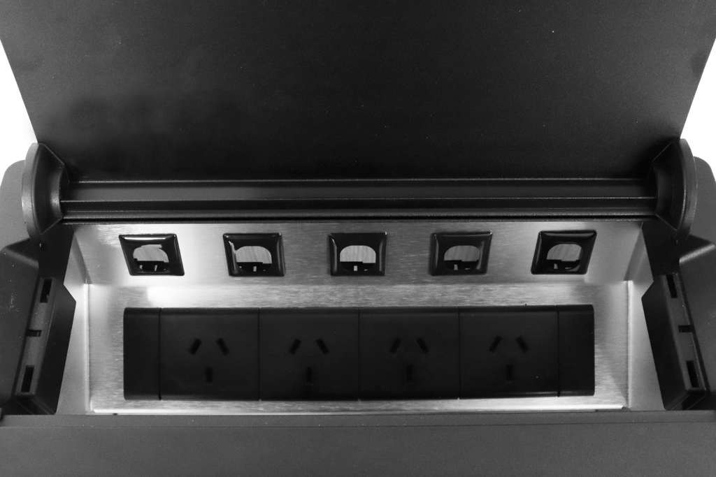 Rapidline Rapid Wiring black boardroom table box with the lid raised, close up of the five data provisions above four GPO outlets