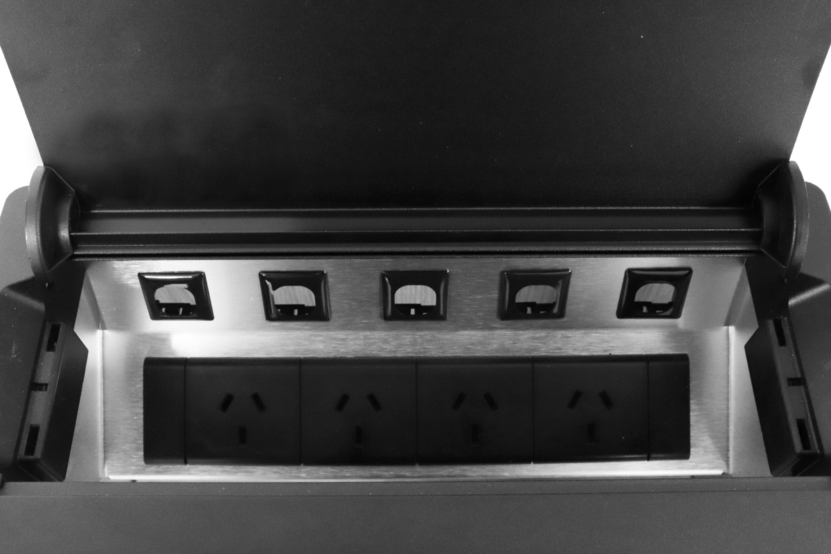 Rapidline Rapid Wiring black boardroom table box with the lid raised, close up of the five data provisions above four GPO outlets
