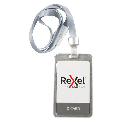 Rexel Aluminium Card Holder Portrait with Lanyard Silver Pack of 10