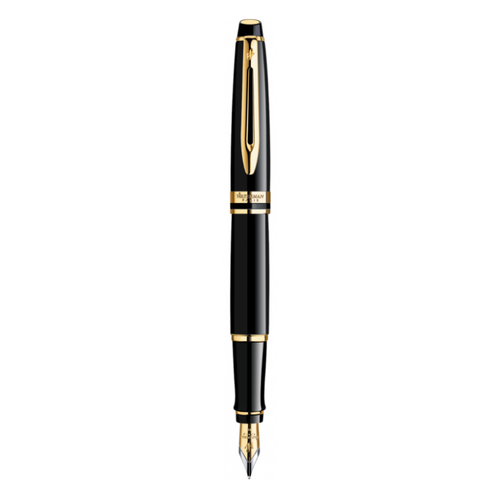 Waterman Expert Black Lacquer Gold Trim Fountain Pen Medium Nib in Box