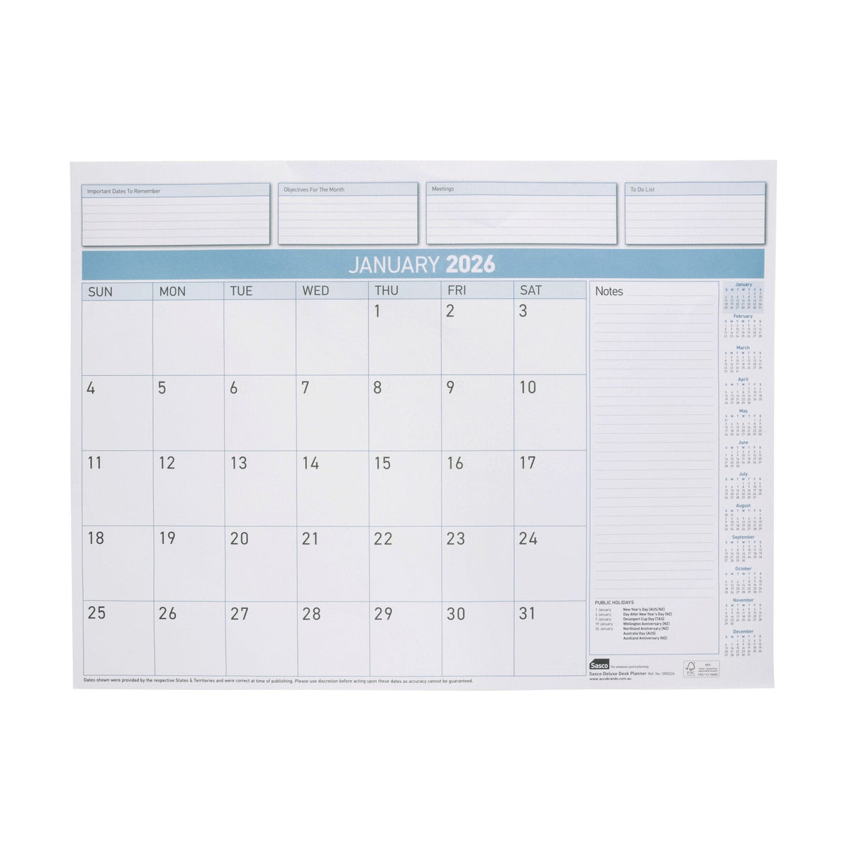 Sasco 2027 Deluxe Desk Planner Refill 519 x 387mm Pack of 12