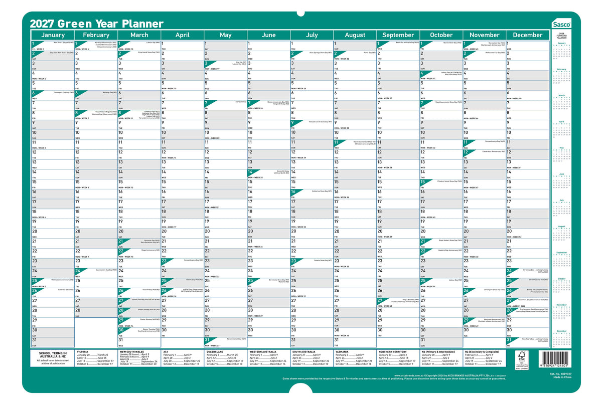 Sasco 2027 Green Wall Planner 500 x 700mm