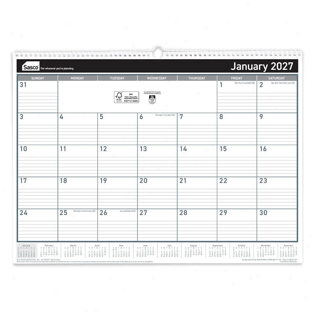 Sasco 2027 Monthly Wall Calendar 530 x 395mm