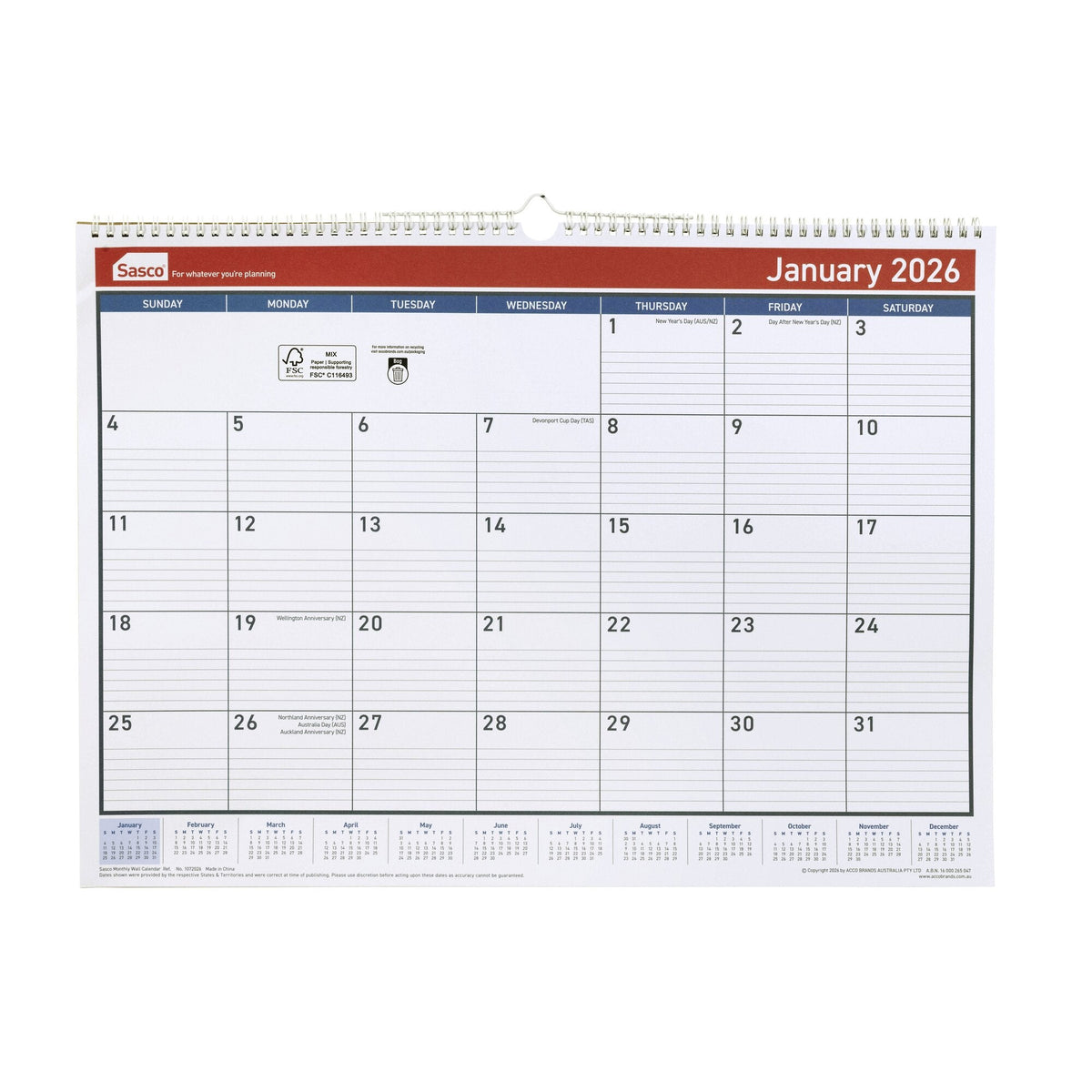 Sasco 2027 Monthly Wall Calendar 530 x 395mm