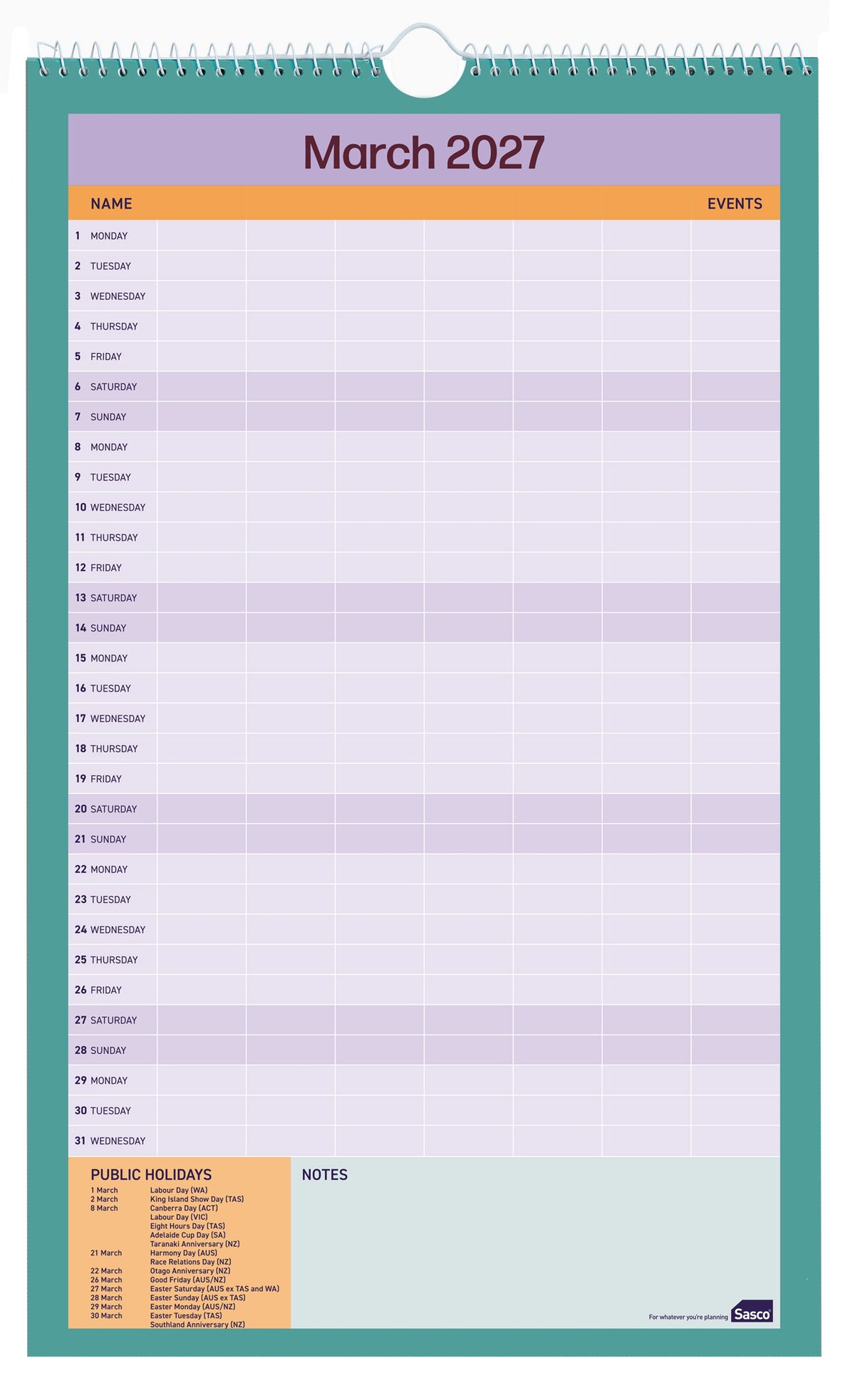 Sasco Life Design Tribe Family Activities Planner 2027 250 x 410mm