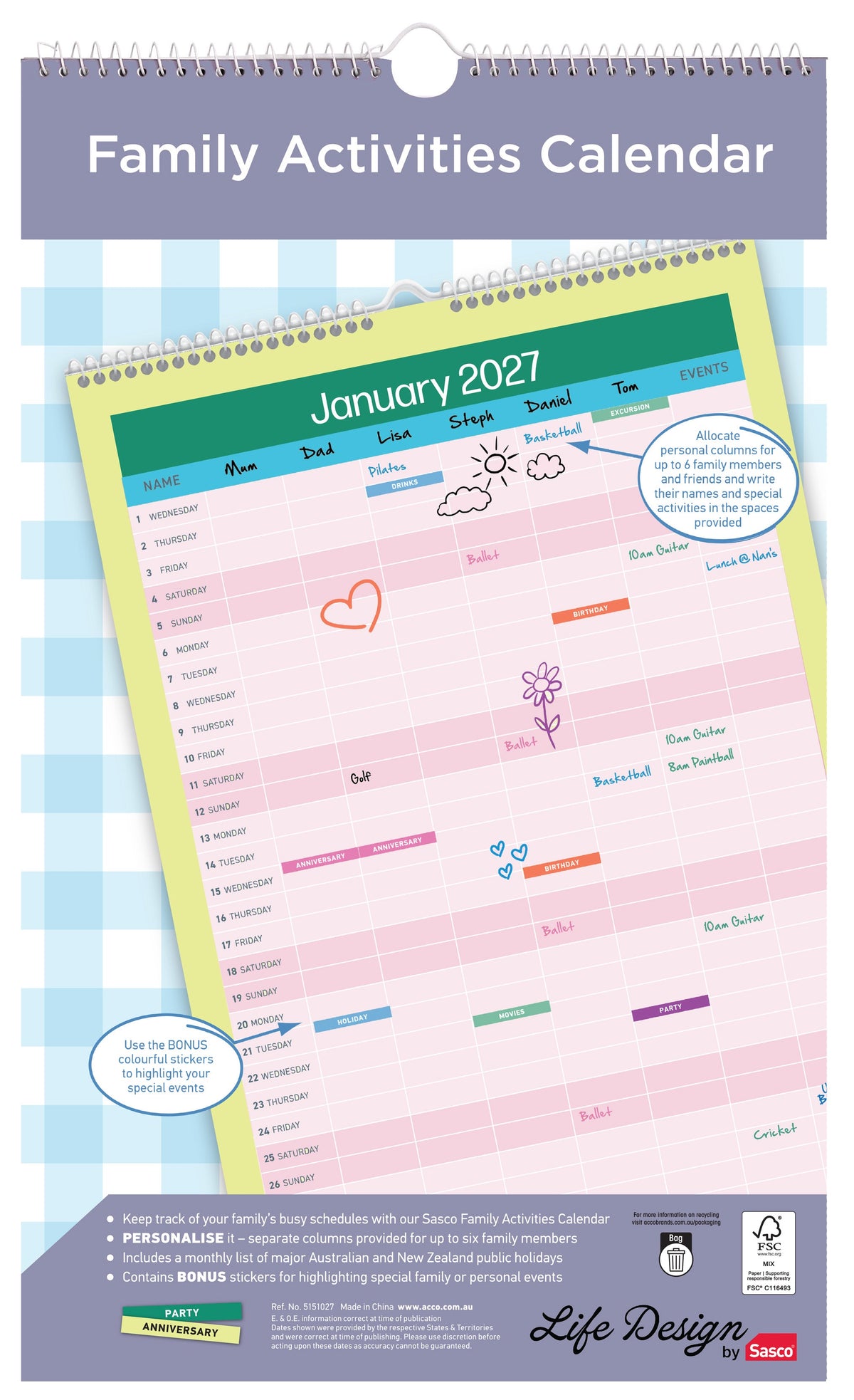 Sasco Life Design Tribe Family Activities Planner 2027 250 x 410mm