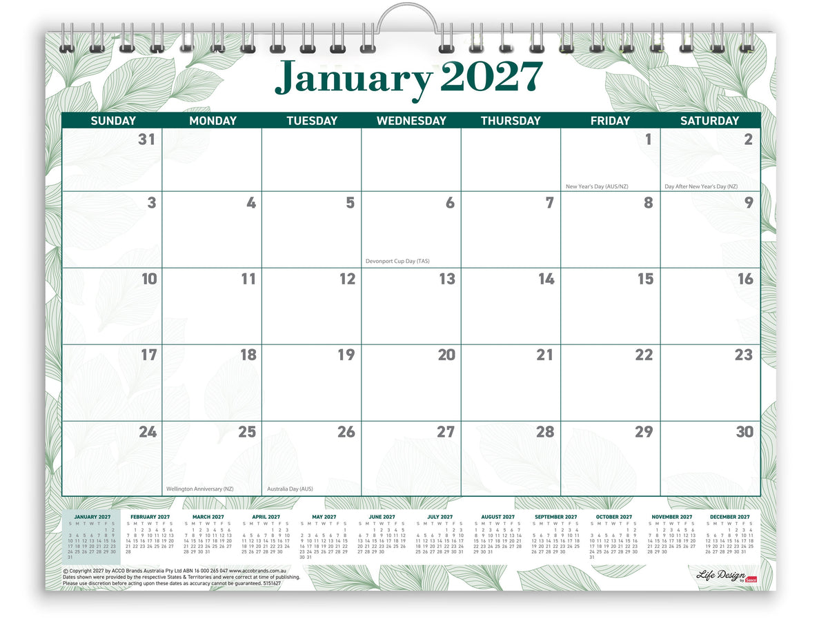 Sasco Life Design Willow Large Wall Calendar 2027 380 x 300mm