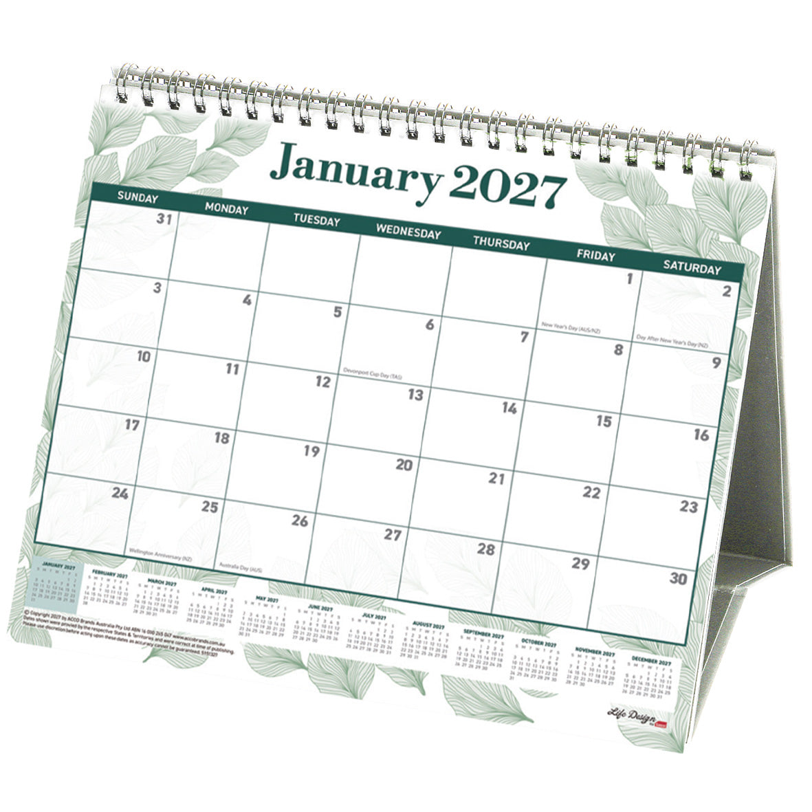 Sasco Life Design Willow Tri-Fold Desk Calendar 2027 210 x 180mm