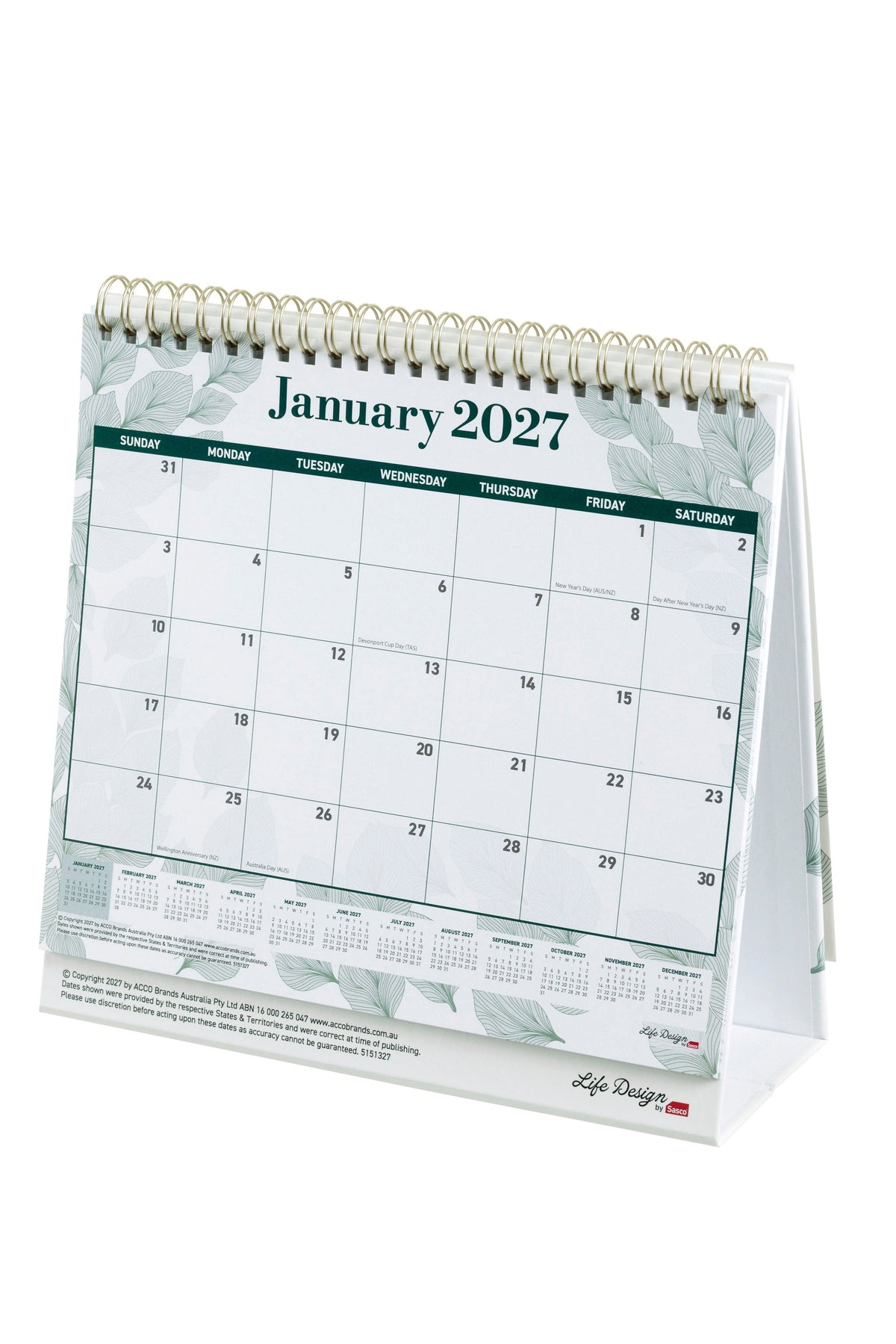 Sasco Life Design Willow Tri-Fold Desk Calendar 2027 210 x 180mm