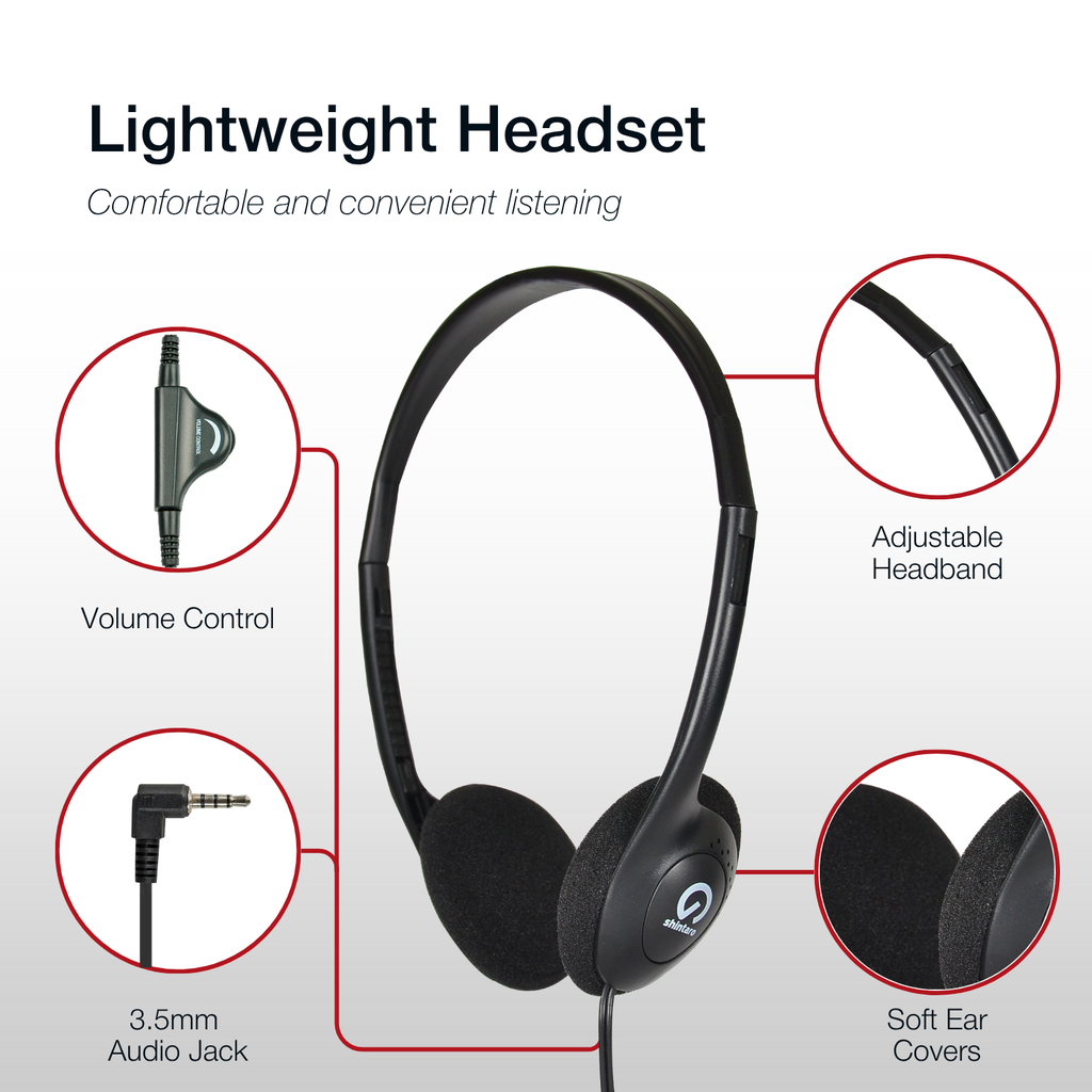 Shintaro lightweight headset feature graphic showing the in-line volume control, adjustable headband, 3.5mm audio jack and soft ear covers