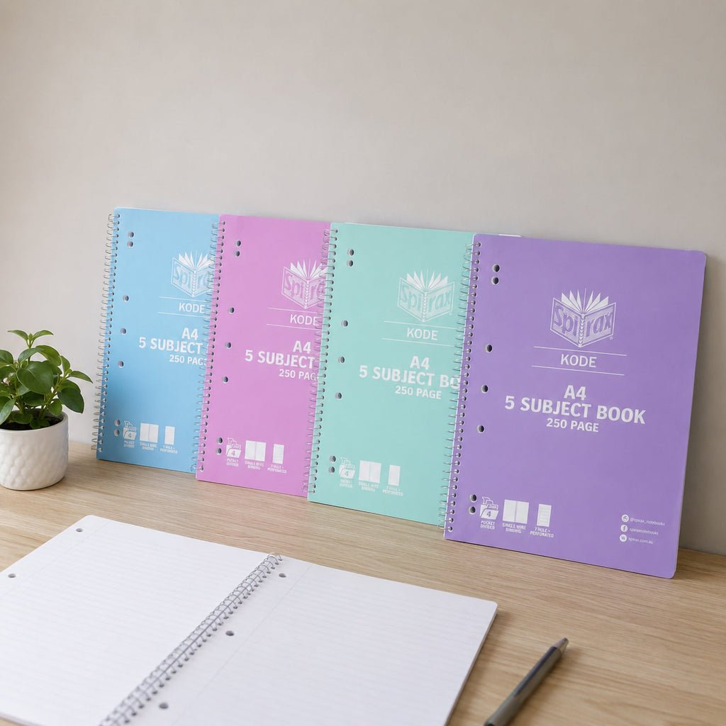 Spirax Kode 5-Subject A4 Notebook 250 Page 7mm Metallic Assorted Pack 10