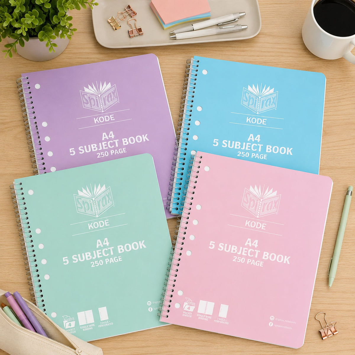 Spirax Kode 5-Subject A4 Notebook 250 Page 7mm Metallic Assorted Pack 10