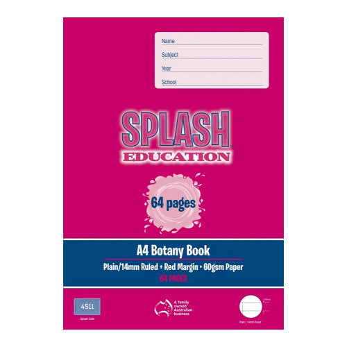 Splash Education A4 Botany Book 64 Page Plain Plus 14mm Solid Ruled with Red Margin