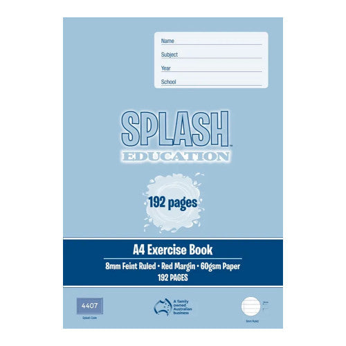 Splash Education A4 Exercise Book 192 Page 8mm Ruled with Red Margin