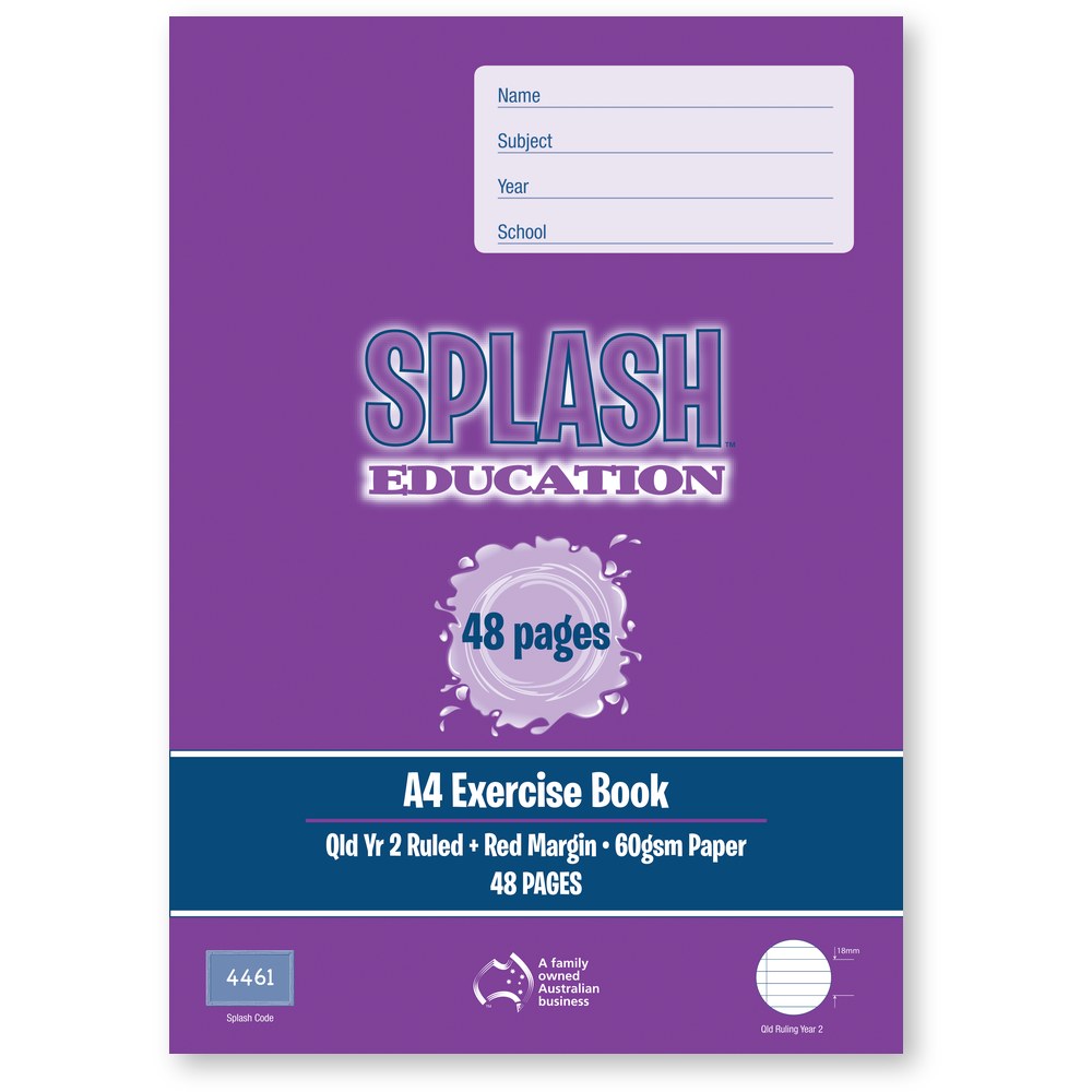 The Note Group Splash Exercise Book A4 48 Page QLD Year 2 Ruled Board Cover