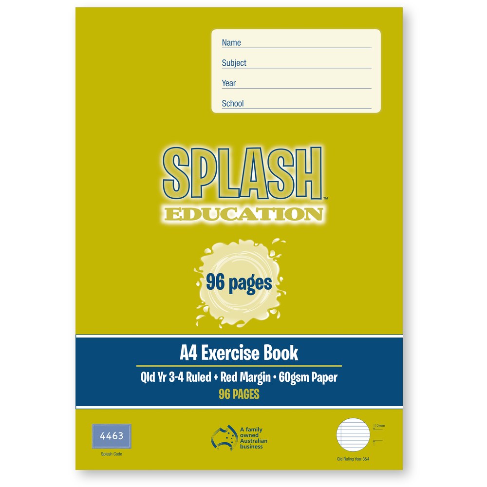 The Note Group Splash Exercise Book A4 96 Page QLD Year 3/4 Ruled Board Cover