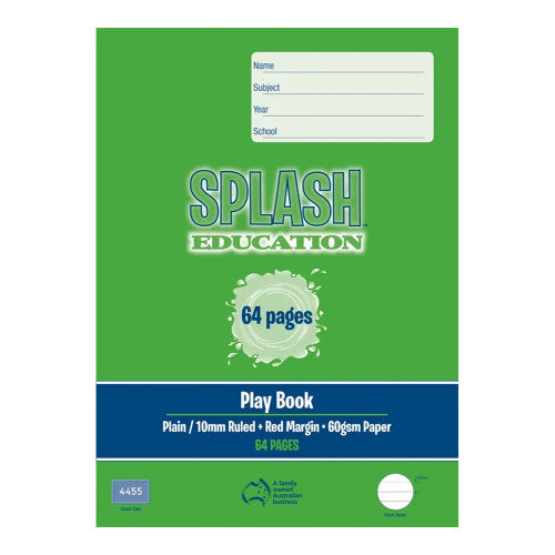 Splash Education Play Book 330 x 240mm 64 Page Plain Plus 10mm Solid Ruled with Red Margin