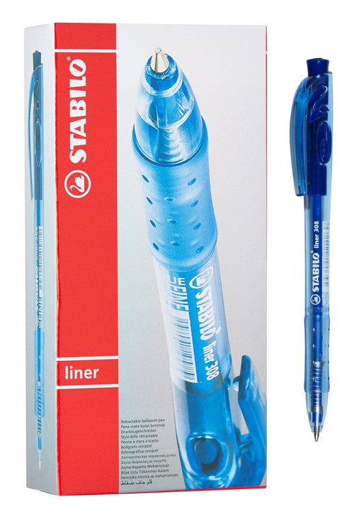 Stabilo Liner 308 Retractable Ballpoint Pen Medium Blue Box of 10