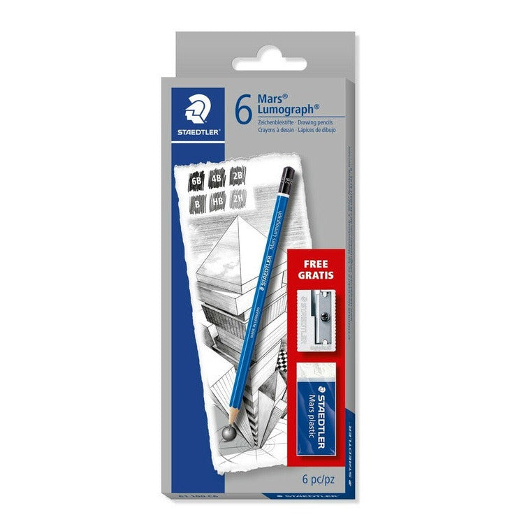 Staedtler Mars Lumograph Sketching Set 6 Pencils Eraser Sharpener 61 100 C6