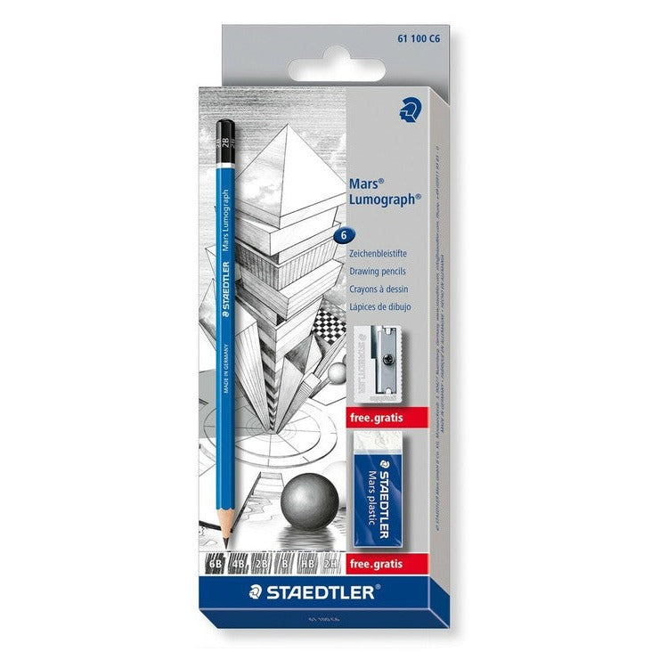 Staedtler Mars Lumograph Sketching Set 6 Pencils Eraser Sharpener 61 100 C6