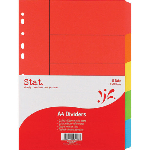 Stat A4 Bright Colours Manilla Dividers 5 Tab