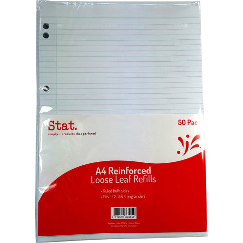 Stat A4 Loose Leaf Reinforced Refills Ruled Pack of 50