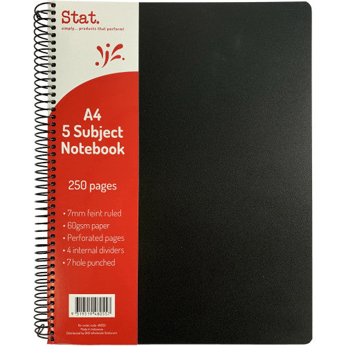 Stat A5 Notebook 200 Pages 60gsm 7mm Ruled Black PP Cover Pack of 5