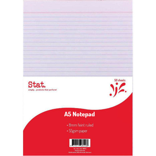 Stat A5 Notepad 50 Sheets 55gsm 8mm Ruled White