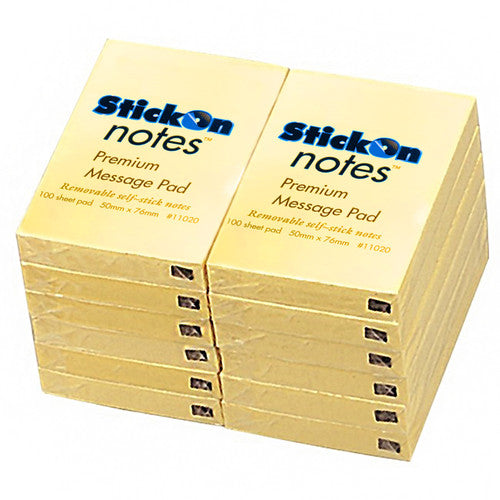 Stick-On Self-Adhesive Notes 50mm x 76mm Yellow 12 Pads x 100 Sheets
