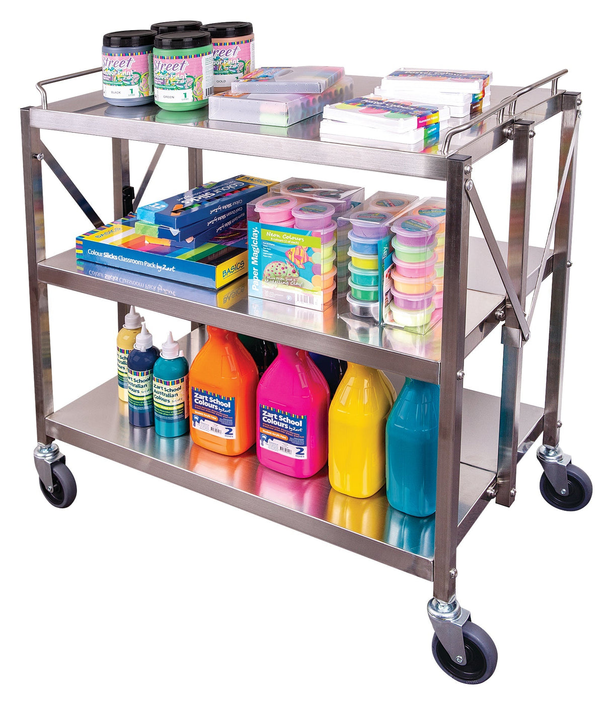Classroom Foldable Metal Trolley Stainless Steel 50kg per Shelf Folds Flat