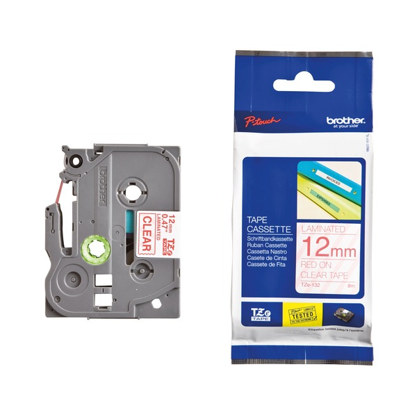Brother TZe-132 Laminated Label Tape 12mm Red on Clear