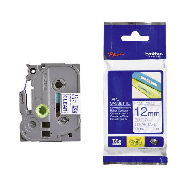 Brother TZe-133 Laminated Label Tape 12mm Blue on Clear