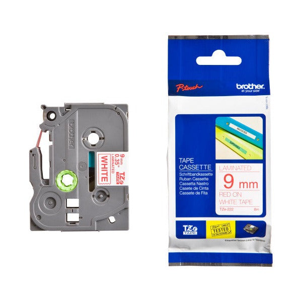 Brother TZe-222 Laminated Label Tape 9mm Red on White