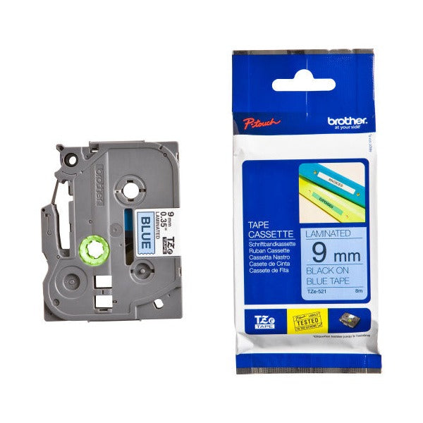 Brother TZe-521 Laminated Label Tape 9mm Black on Blue