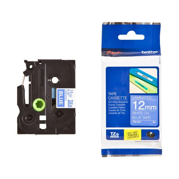 Brother TZe-535 Laminated Label Tape 12mm White on Blue