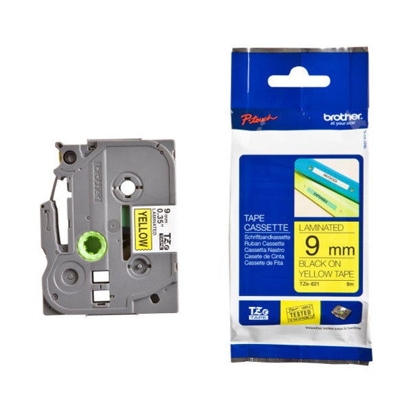 Brother TZe-621 Laminated Label Tape 9mm Black on Yellow