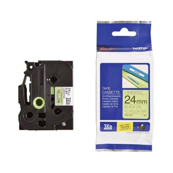 Brother TZe-C51 Fluorescent Label Tape 24mm Black on Fluoro Yellow