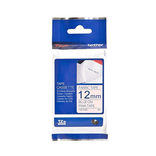 Brother TZe-FAE3 Iron On Fabric Tape 12mm Blue on Pink