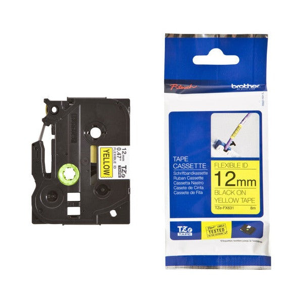 Brother TZe-FX631 Flexible ID Label Tape 12mm Black on Yellow
