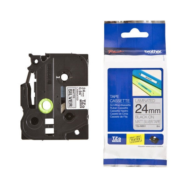 Brother TZe-M951 Matt Laminated Label Tape 24mm Black on Matt Silver