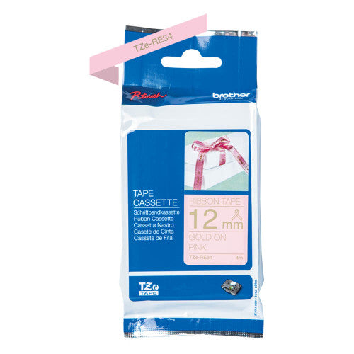 Brother TZe-RE34 Satin Ribbon Tape 12mm Gold on Pink