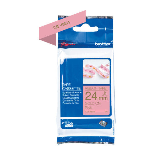 Brother TZe-RE54 Satin Ribbon Tape 24mm Gold on Pink