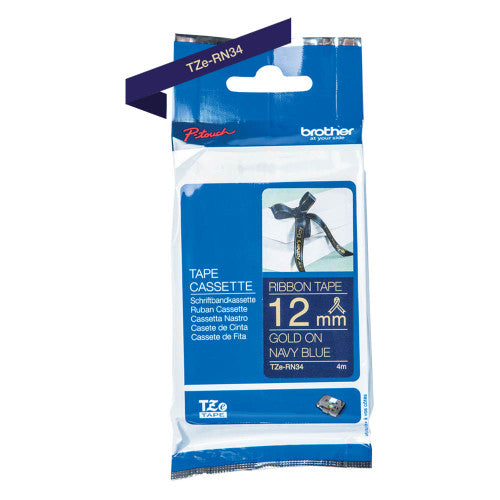 Brother TZe-RN34 Satin Ribbon Tape 12mm Gold on Navy Blue