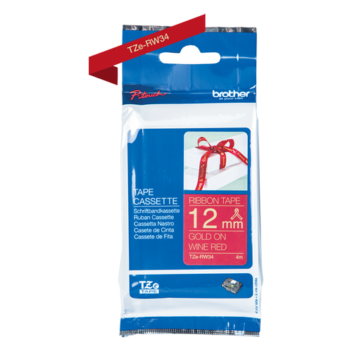 Brother TZe-RW34 Satin Ribbon Tape 12mm Gold on Wine Red