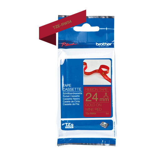 Brother TZe-RW54 Satin Ribbon Tape 24mm Gold on Wine Red